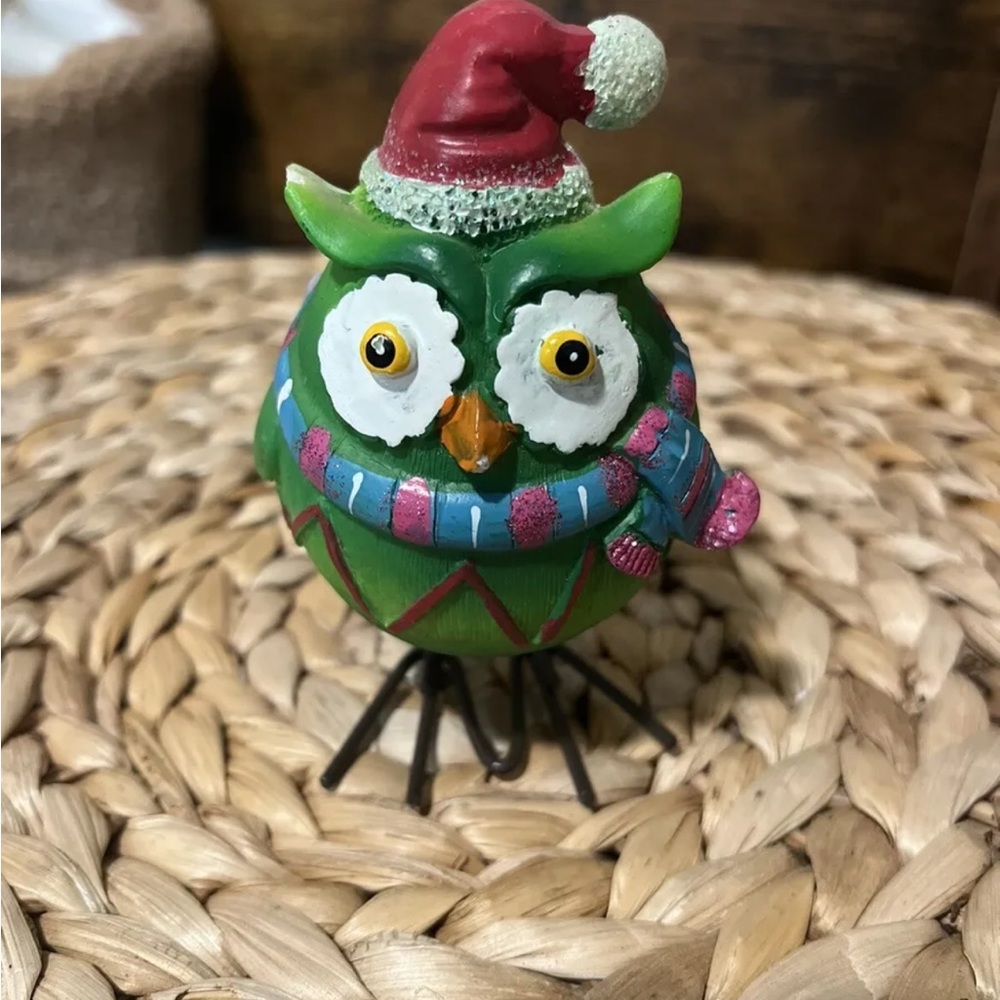 Santa Owl Christmas Figurine Green with Santa Hat And Scarf